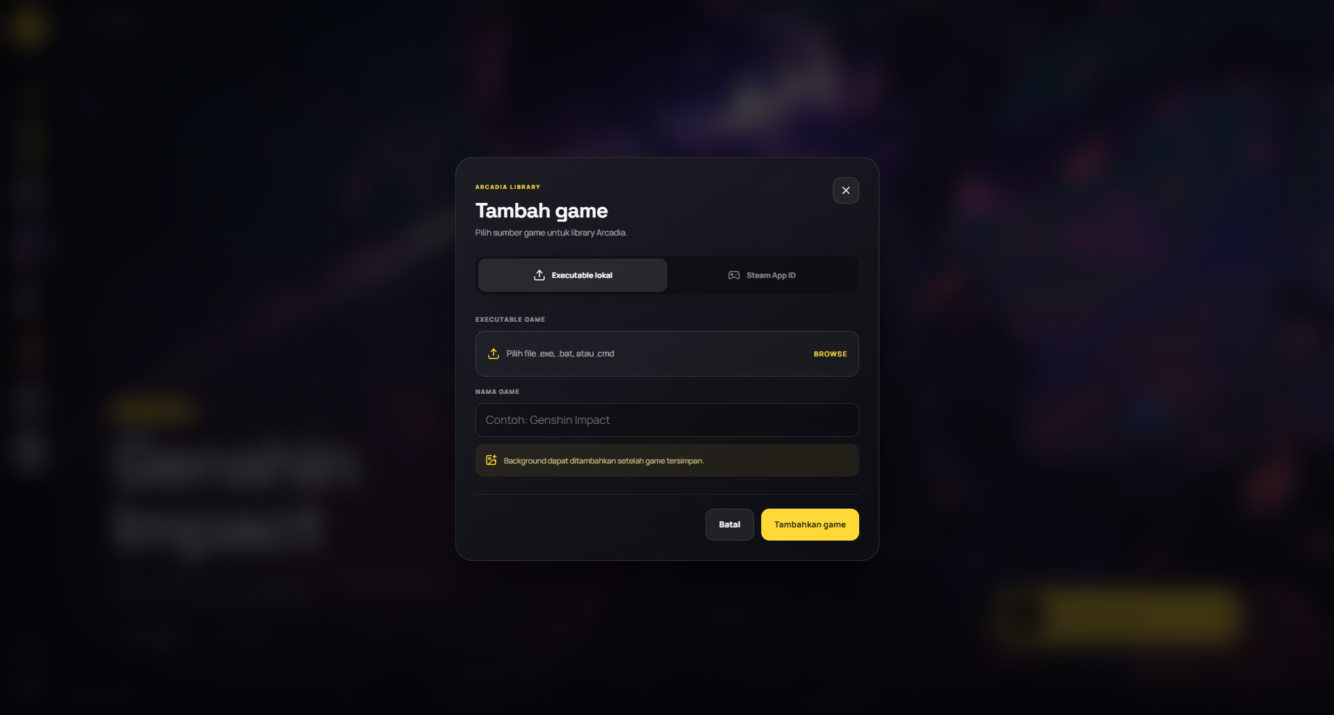 Arcadia dialog for adding a local executable game