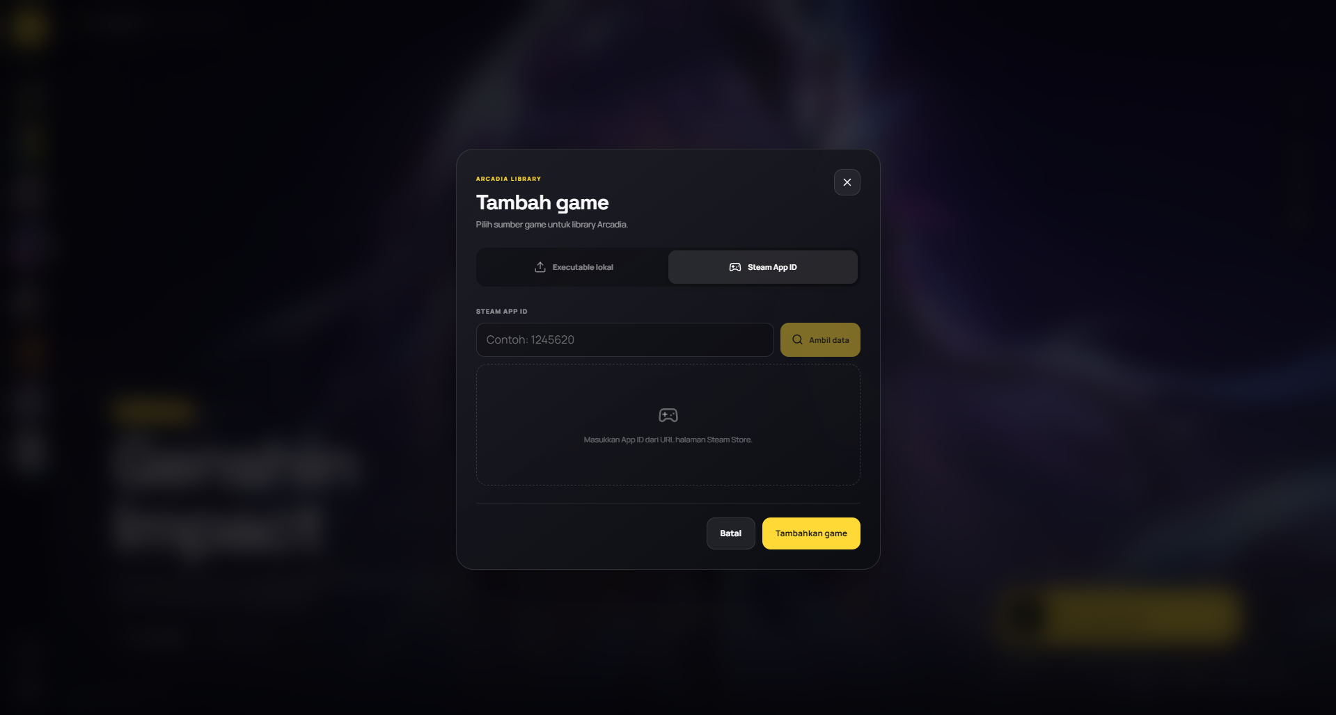 Arcadia dialog for adding a game using a Steam App ID