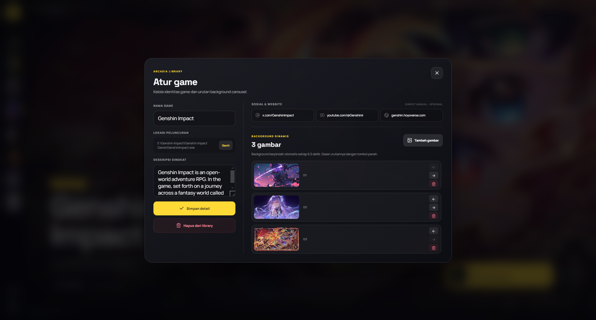 Arcadia game management screen with details and dynamic backgrounds